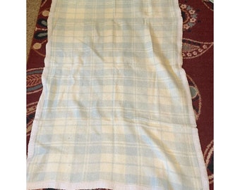 Vintage Baby Blue Plaid Blanket w/ Satin Trim 62" x 38"