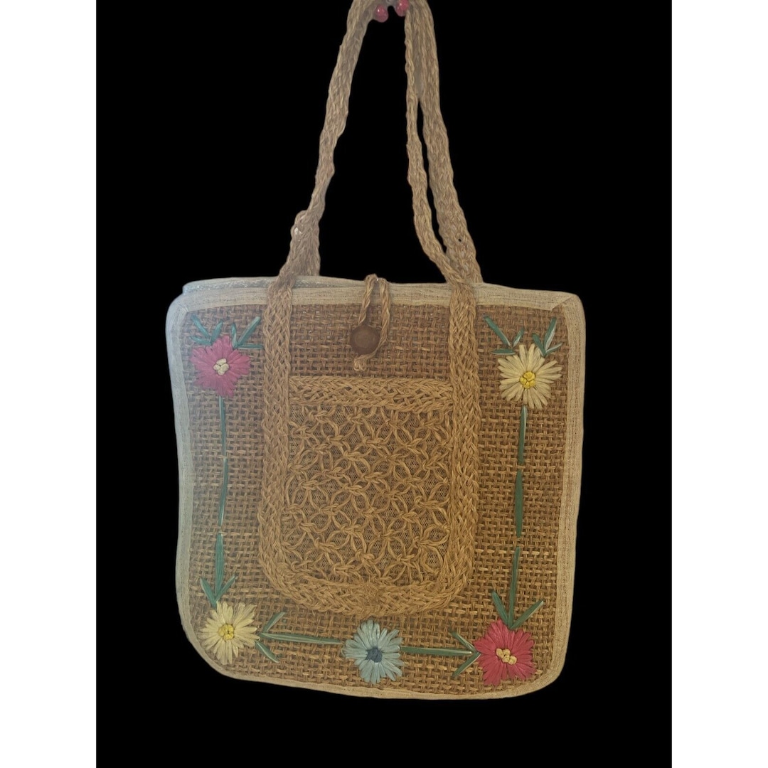 Vintage Straw Woven Tote Bag Floral Flowers 21" X 12.5" - Etsy