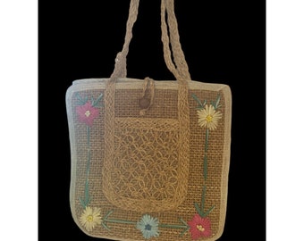 Vintage Straw Woven Tote Bag Floral Flowers 21" x 12.5"