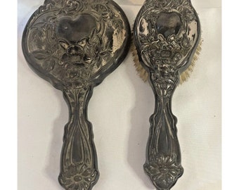 Miroir à main floral antique biseauté et brosse à cheveux