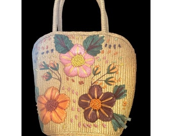 Vintage Floral Straw Tote Purse Bag Woven Embroidered Wicker Raffia 1970s