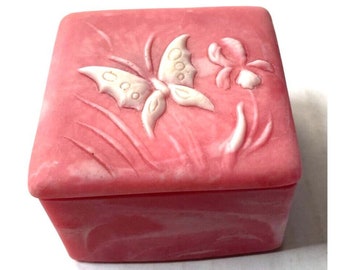 Vintage Incolay Carved Soapstone Trinket Jewelry Box Pink Floral Flower Square