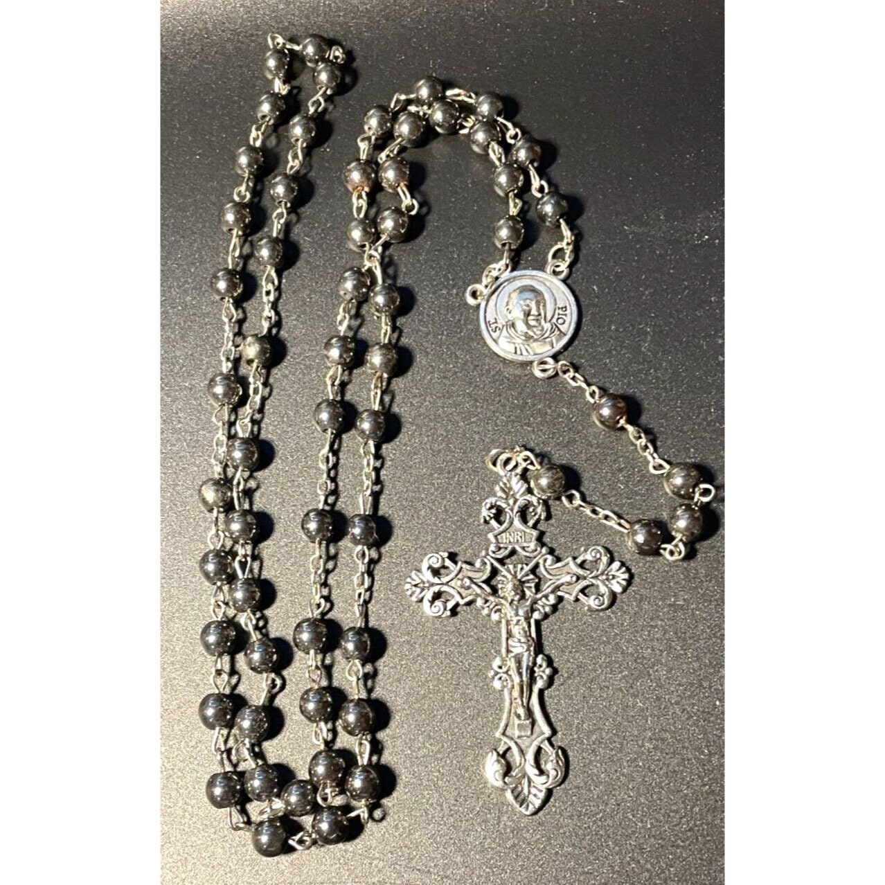Vtg. St. Pio Pray for Us Jesus Crucifix Catholic Rosary Metal Beads w/Box 23"