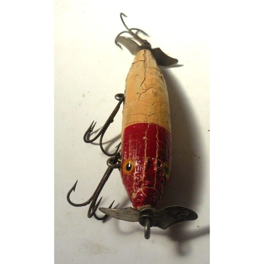 Ancien leurre de pêche bombardier bois rouge avec blanc