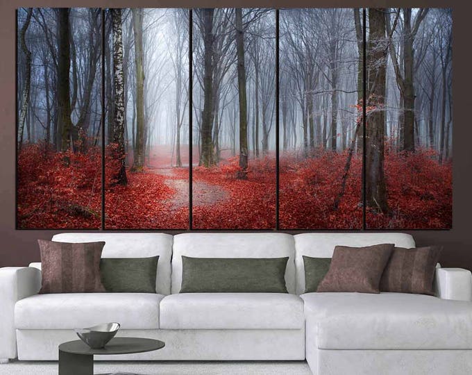 Nature Wall Art,Red leaves Blue Mist Art,Red Leaves Forest,Nature Scenery Living Room Wall Decor,Interior Design Wall Art,Foggy Forest Art