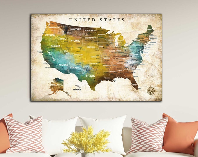 US Map,US Push Pin Map,US Travel Map, United States Map Art,United States Map Wall Art,America Adventure Map,Travelers' Map,Us Map Canvas