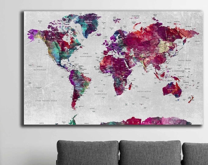 World map large canvas print, World map wall art, world map, push pin map canvas,World map print,World map large,World map abstract art pink