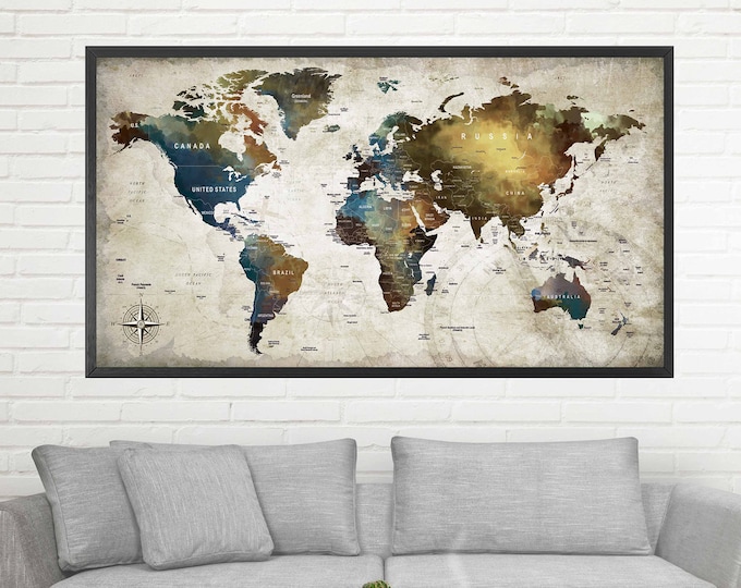 Large World Map Vintage Poster Print,World Map Poster,World Map Wall Art,World Map Push Pin,Push Pin Map Poster,Travel Map Poster,World Map