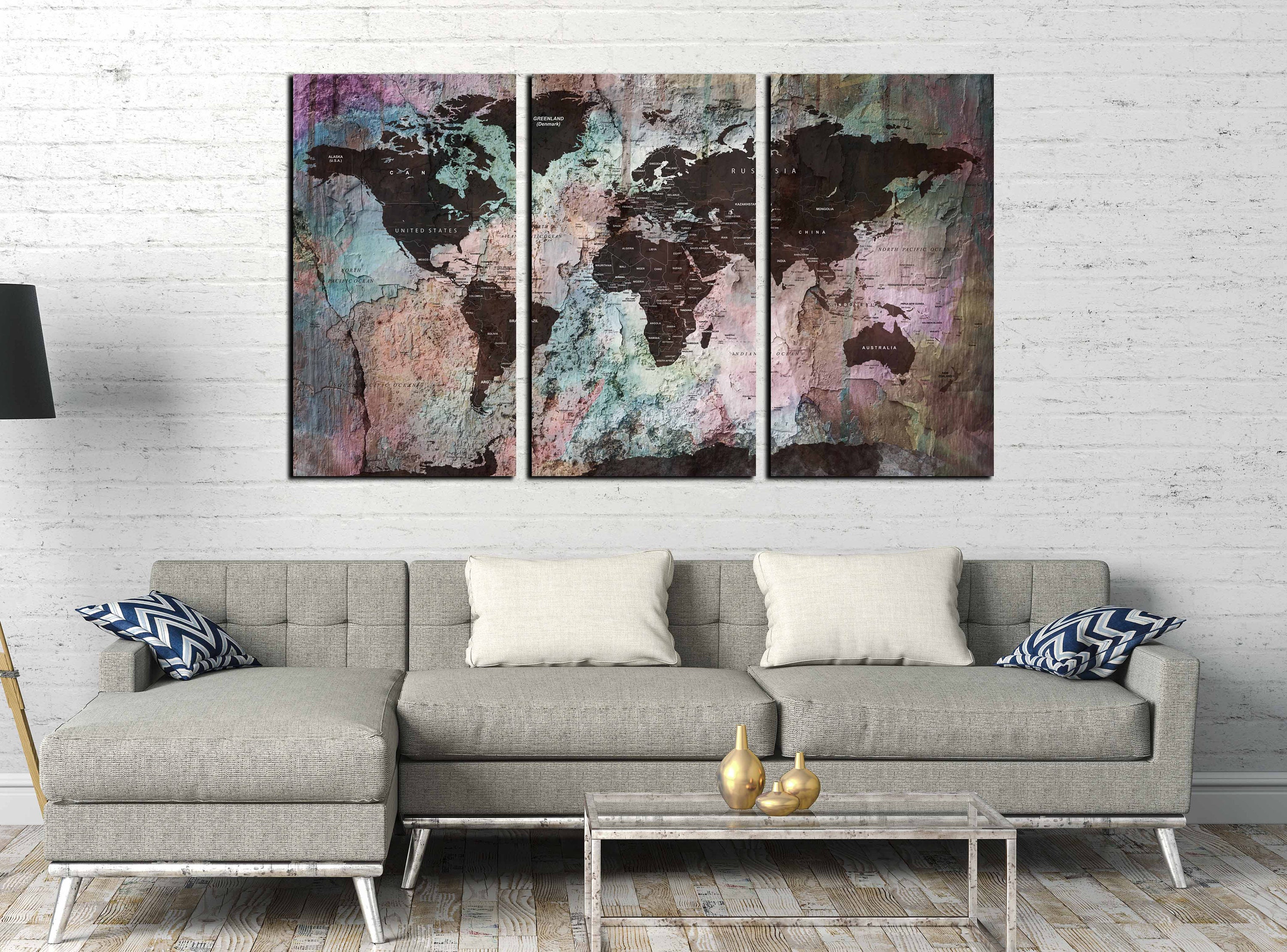 Rainbow Map Wall Art Rainbow Color World Map Wall Art Colorful World Map Art World Map Large Canvas Art Print Travel Map Push Pin