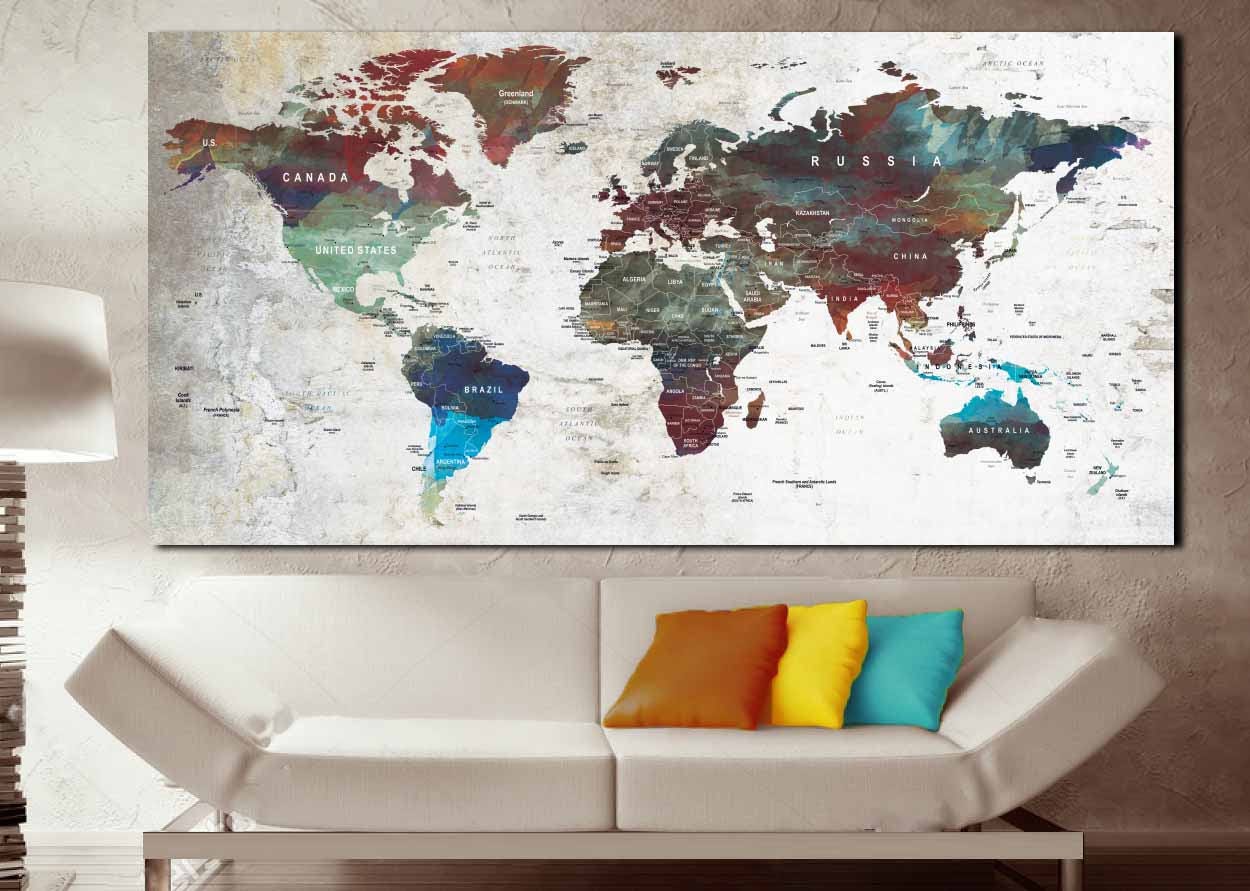 Push Pin Map World Map Poster World Map Canvas Watercolor