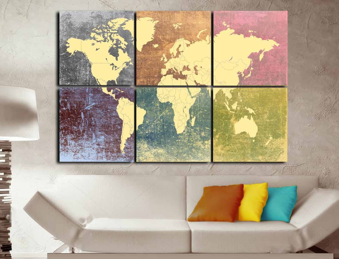 World Map Colorful Decorative 6 Canvas Panels World Map Large Wall