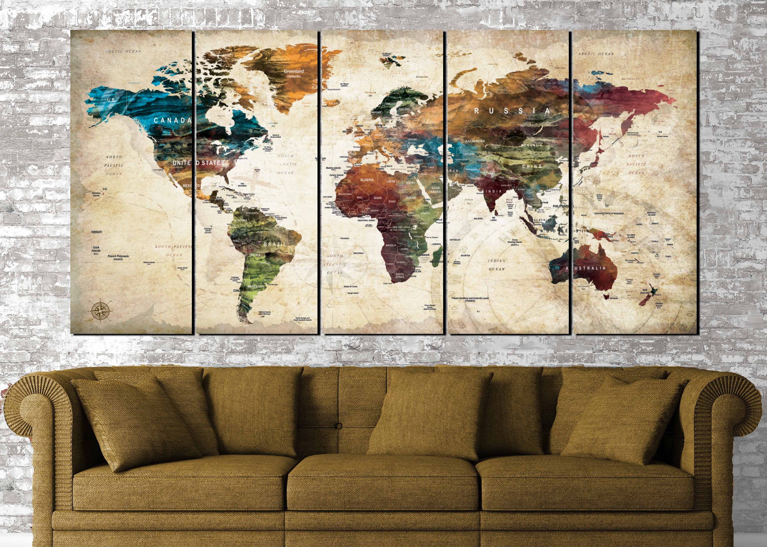 World Mapworld Map Abstractworld Map Wall Art World Map 5 Panel