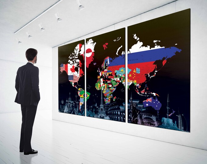 World map with flags&landmarks,World Map Wall Art,World Map Canvas,World Map Art,World Map Print,World Map Canvas Art,Map Office Wall Art