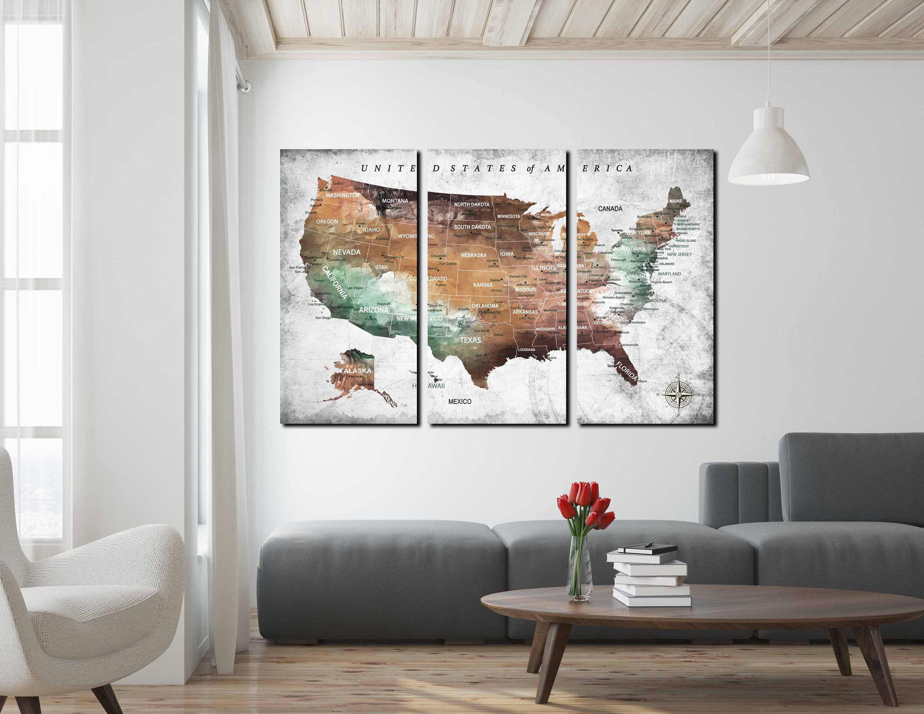 USA map large 3 panel canvas print ready to hang, US map art, US map