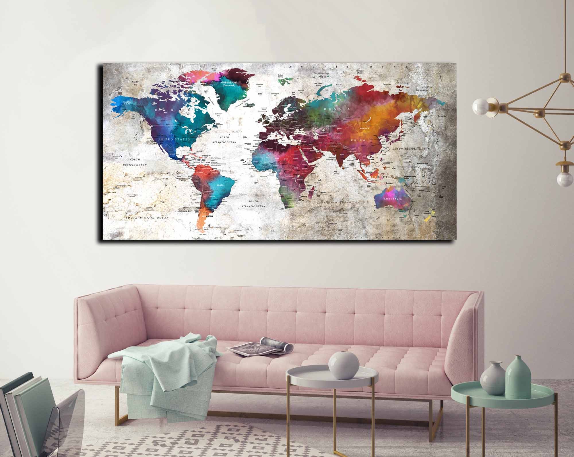 World map wall art World map canvas large watercolor art | Etsy