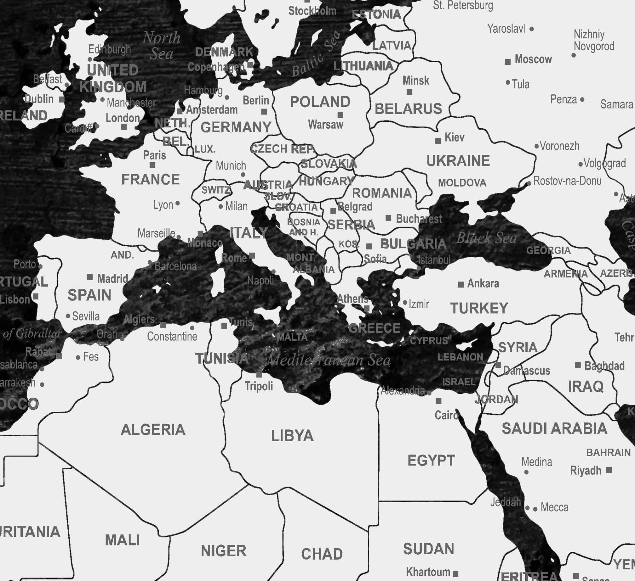world map single panel black and white canvas print world map art detailed country and city names world map art print push pin map canvas