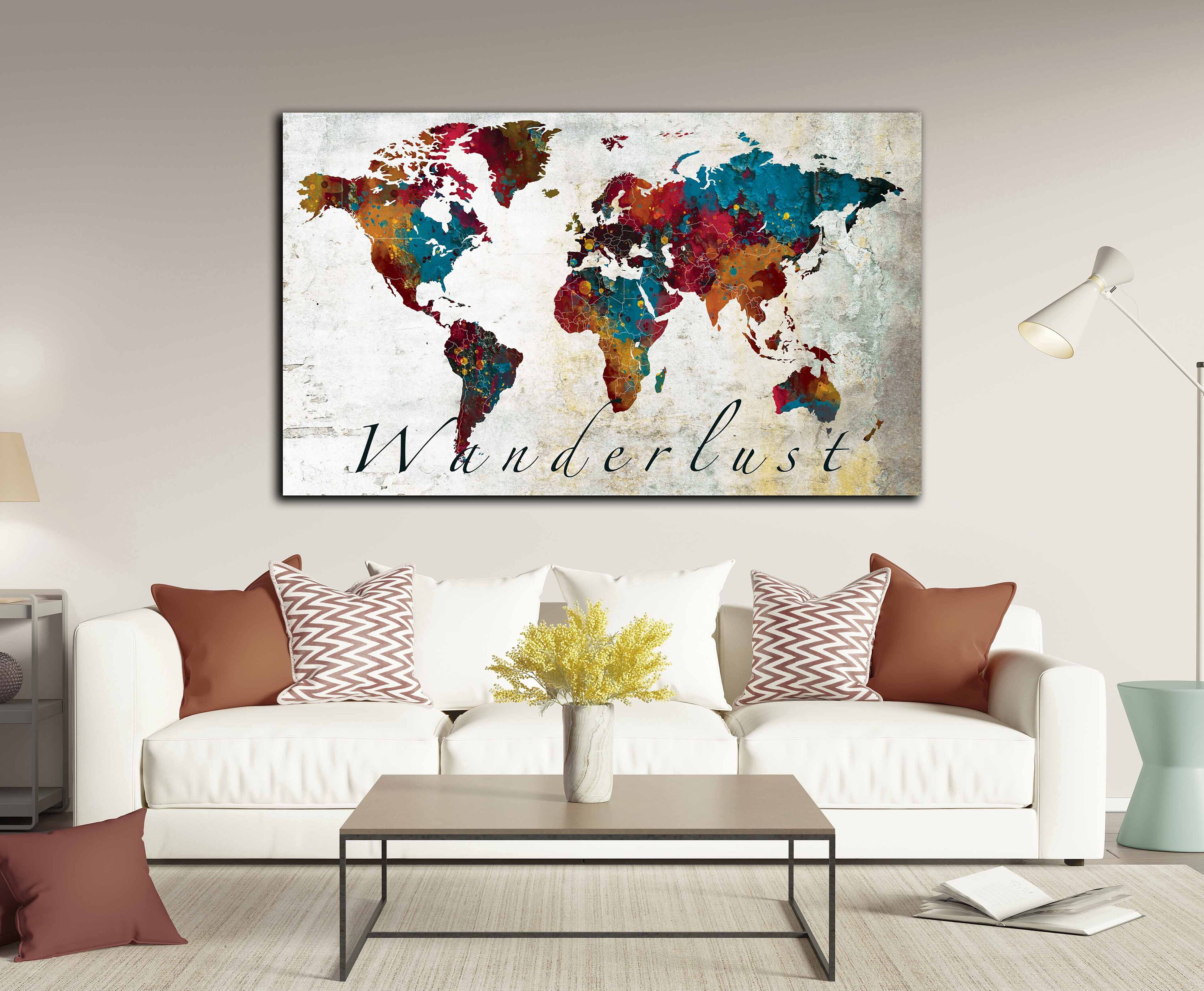 World Map Art Canvas Print Wanderlust Map World Map Wall Art