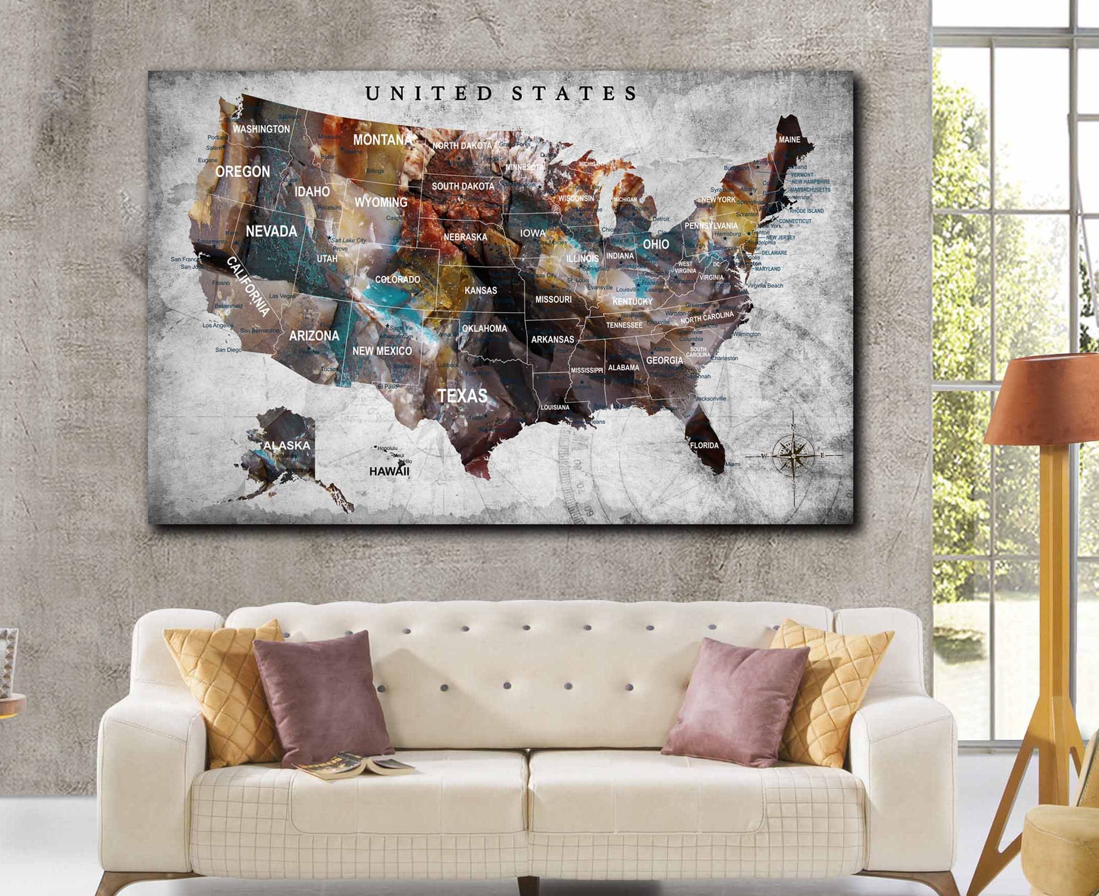 US Map, US push pin map, US map canvas, United States Map Art, America ...