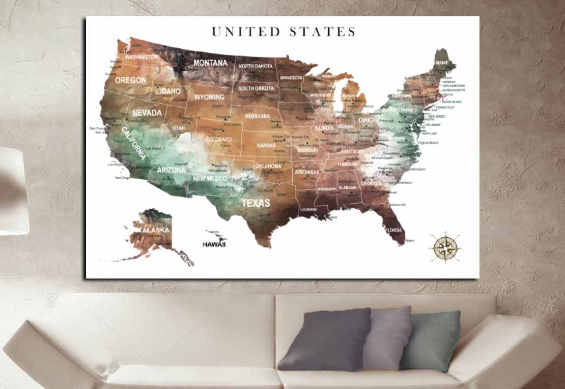US Map Wall Art,US Pushpin Map,US Adventure Map,United States Canvas