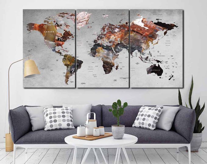 Pushpin World Map,Large World Map,World Map Canvas,World Map Art Pushpin,World Map 3 Panels,World Map Abstract,Travel Map Canvas,Pushpin Map