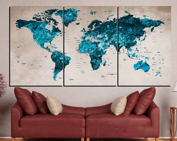 World Map Blue,World Map Wall Art,Large World Map,World Map Canvas Art,World Map Push Pin,World Map Print,World Map Decal,World Map Abstract