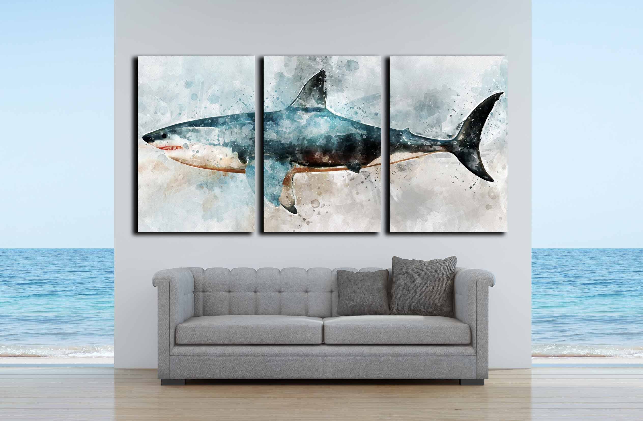 Shark Art Shark Wall Art Canvas Print Shark Large Print Shark Watercolor Art Print On Canvas Ready To Hang Nursery Room Art Kids Room
