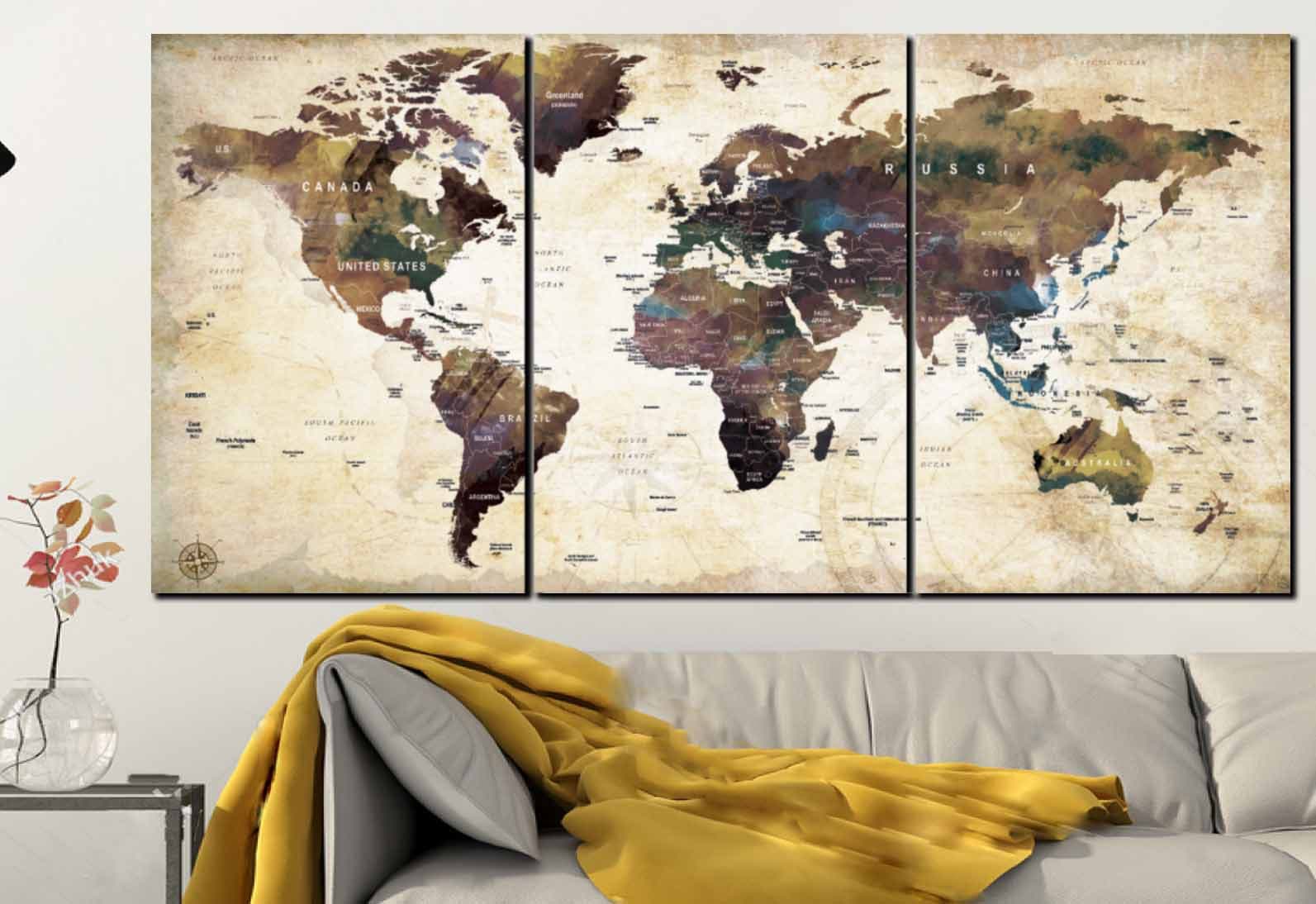 World Map Wall Art Vintage Canvas World Map Wall Art Vintage Canvas Print Watercolor Office Decor Push Pin