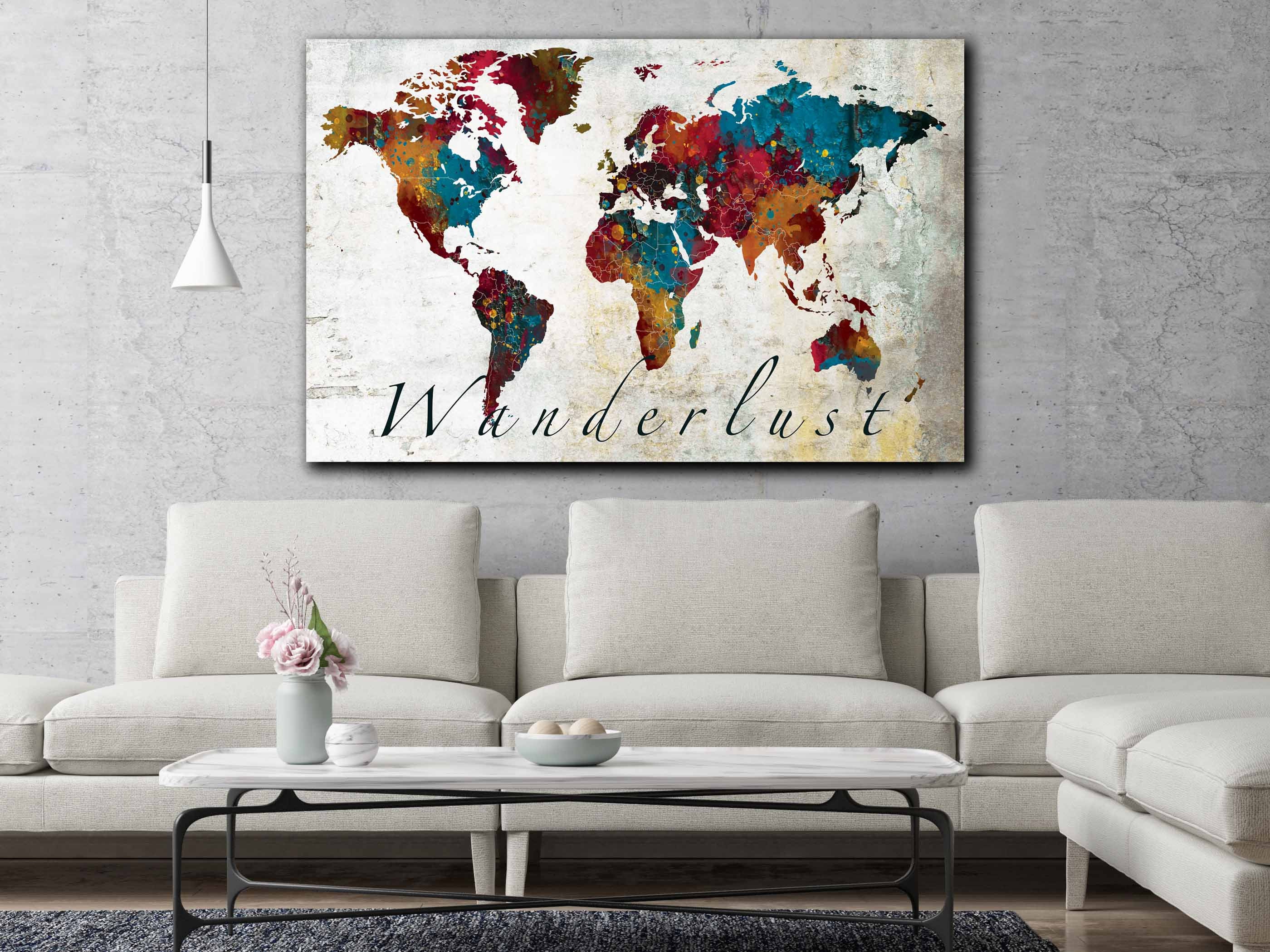 World Map Art Canvas Print Wanderlust Map World Map Wall Art