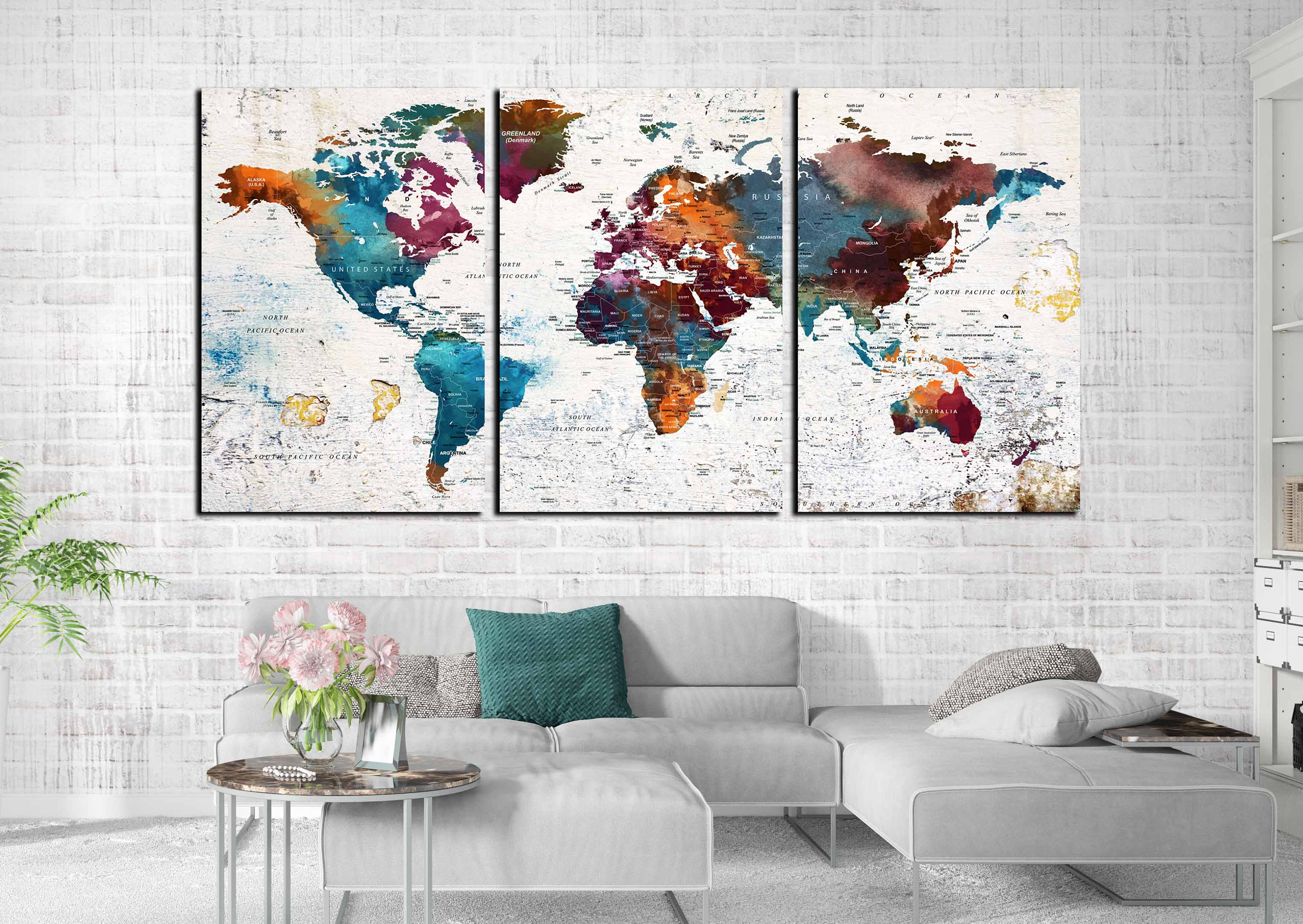 World Map Wall Art Large Canvas Print World Map Canvas Push Pin Map