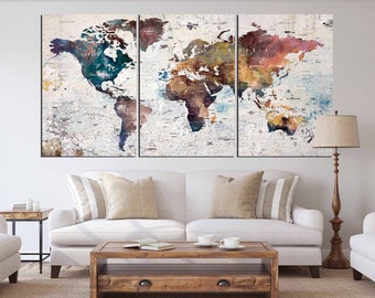 Push Pin World Map Wall Art Large Map Of The World Home Decor Colorful Map Multi Panel Print Educational Decor for Living Room Wall Decor