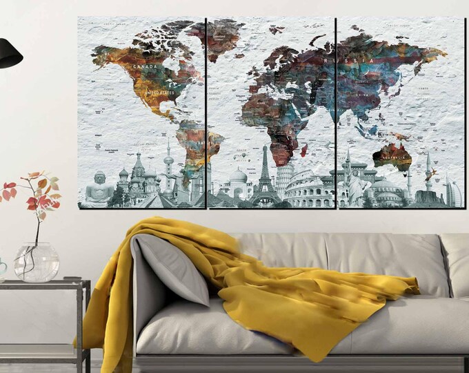Push Pin World Map,Push Pin Map Canvas,World Map Wall Art,Push Pin Map Large,Large World Map,World Map Art Print,World Map Colorful,Map Art