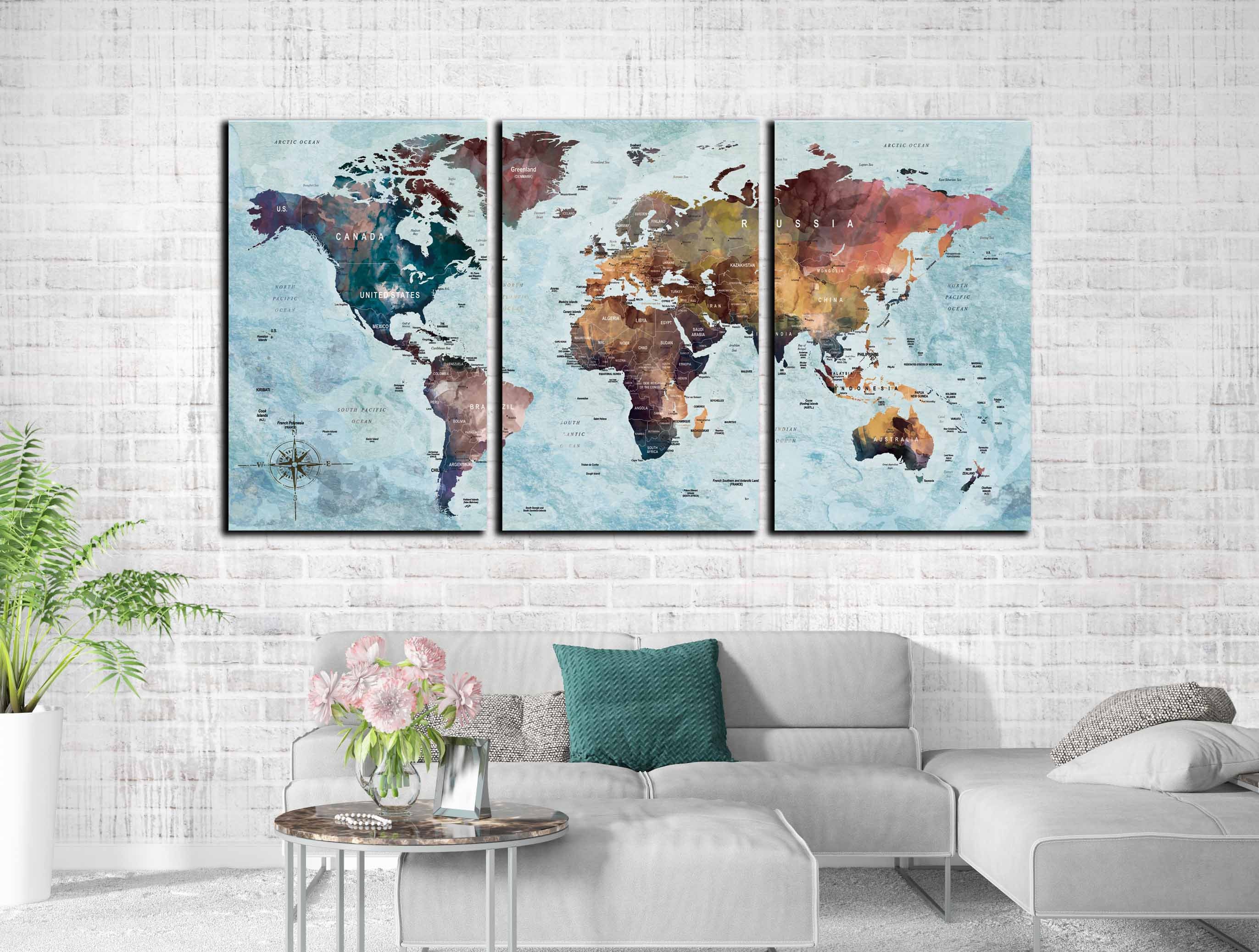 world map large 3 panel art canvas print world map wall art world map