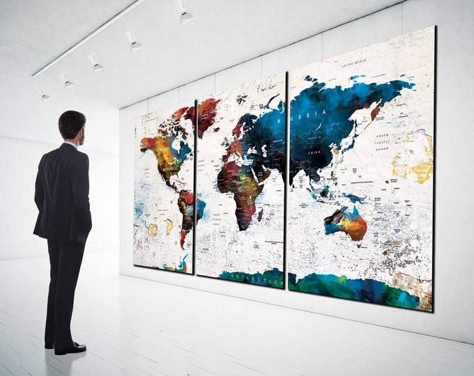 World Map,Large World Map,World Map Wall Art,Travel Map,World Map Pushpin,Large Map Canvas,World Map Poster,World Map Art,Watercolor Map Art