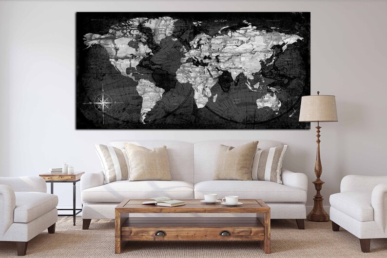 World Map Black and White Wall ArtWorld Map Canvas Etsy