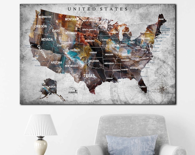 US Map, US push pin map, US map canvas, United States Map Art, America map canvas print, United States map with states and cities, Us map