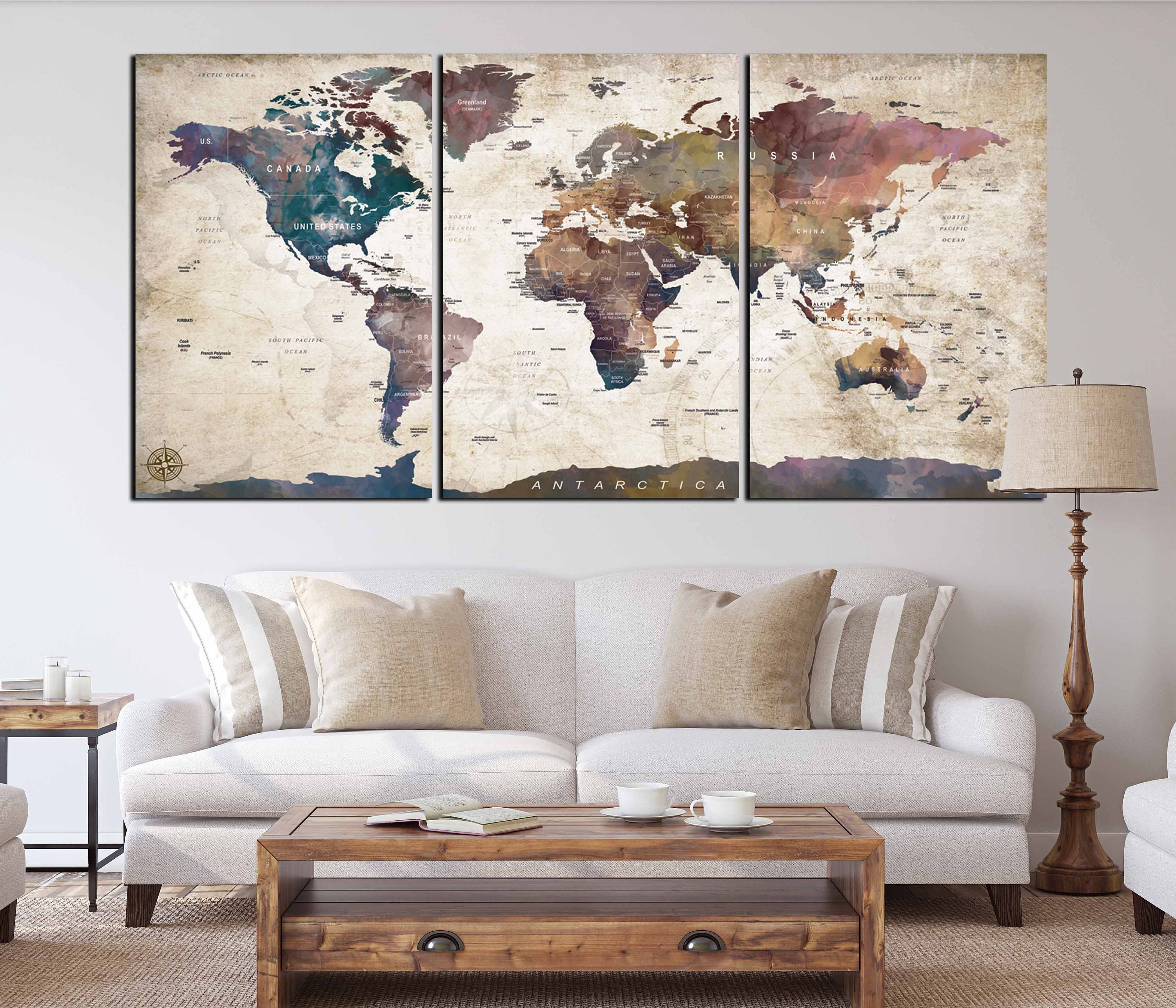 World Map Wall Art,Large World Map,World Map Canvas,World Map 3 Panels