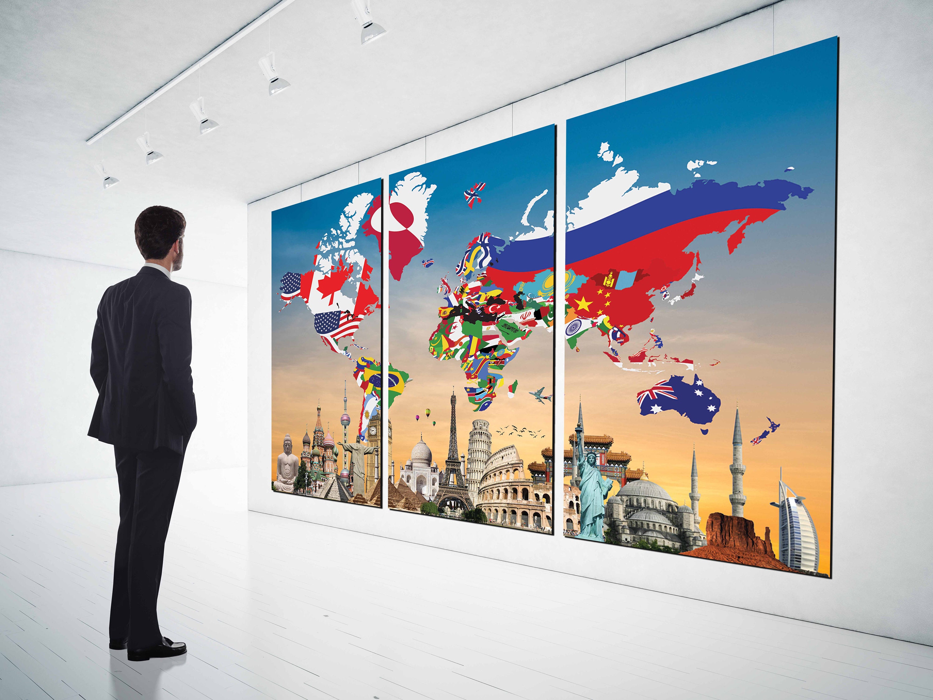 world flag map with landmarks world map flagsworld map