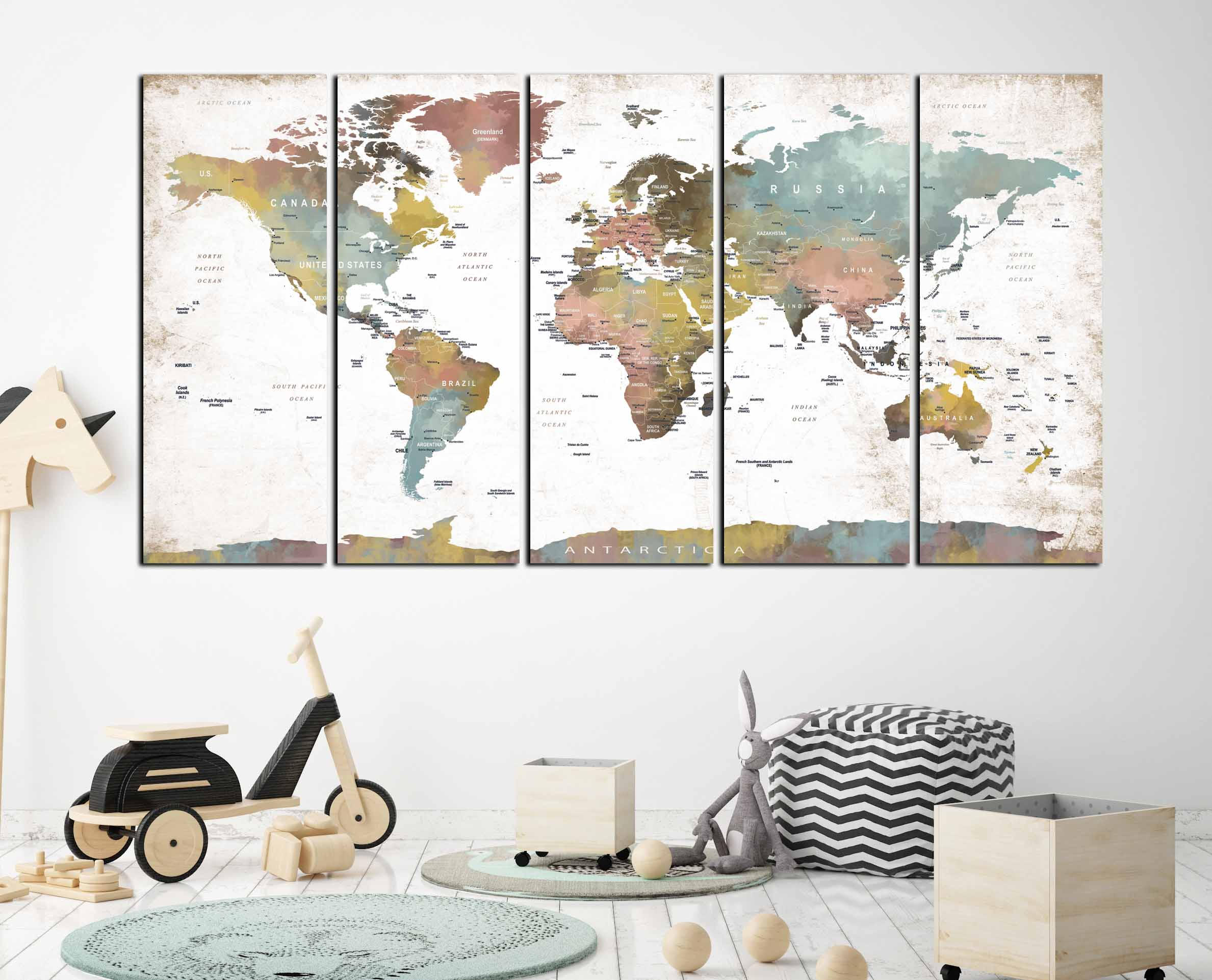Large 5 Panel World Map Wall Art,World Map Push Pin,Large Pushpin Map