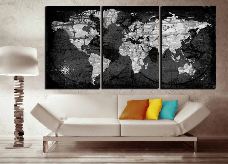 World Map Black and White Wall ArtWorld Map Canvas Etsy