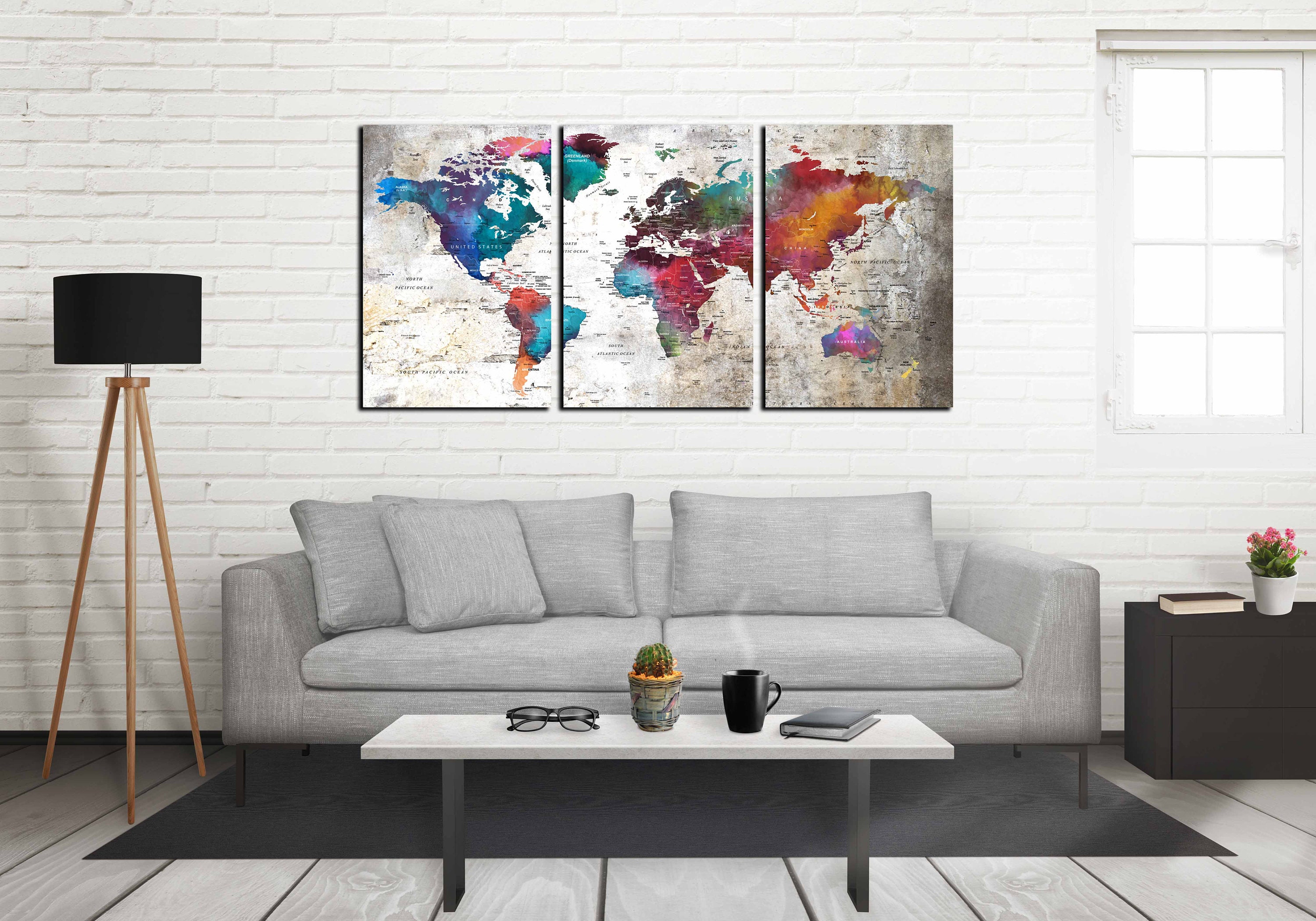 World map wall art World map canvas large watercolor art | Etsy