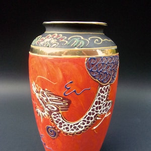 Dragonware Moriage Japan Vase, Orange Porcelain Hand Painted, Black Gold Trim, Vintage