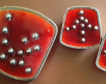 KNUT A. RASMUSSEN Sterling Silver & Red Enamel Brooch and Earring Set, Modernist Norway Design, Vintage