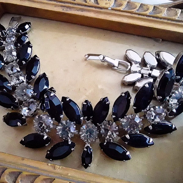 WEISS Black & Smoky Gray Rhinestone Bracelet, Marquis Cut, Silver Tone Signed Vintage