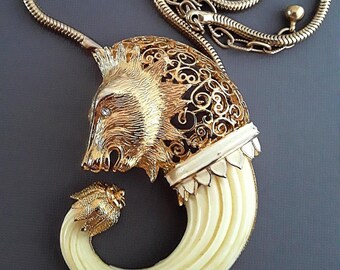 VENDOME Lion Pendant Necklace, Rare, Enamel & Lucite, Snake Chain, Gold Plate Vintage
