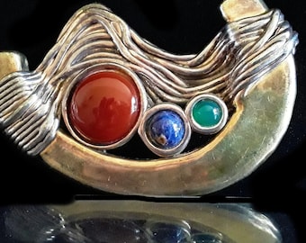 Brutalist BAT AMI Sterling Gemstones Brooch Pendant, Electroform Large,  Carnelian Lapis Chrysoprase, Vintage