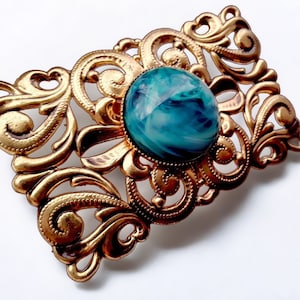 Porphyry Lucite Glass Art Nouveau Brooch, Swirl Filigree, Western Germany, Gold Plate Vintage