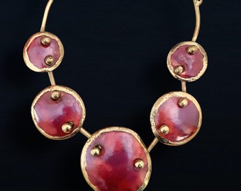 Modernist-Brutalist Artisan Enamel Disk Necklace, Enamel Free-Form, Gold Trim, Nodule Ended Bar Links, Vintage