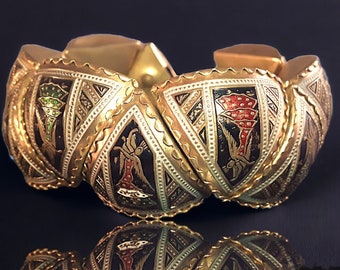 Damascene Winged Dancer Bracelet, Flexible, Red Green Puffed Panels, Vintage