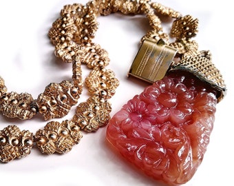 Floral Molded Glass Pendant Bracelet, Carnelian/Raspberry Color, Gold Tone, Fancy Detailed Double Strand Chain, Vintage