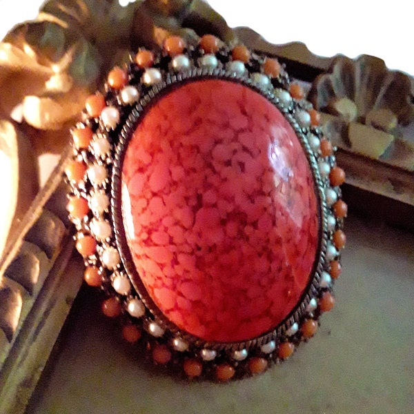 Coral Hubbell Art Glass Brooch-Pendant Oval, Faux Seed Pearls & Orange Beads, Vintage